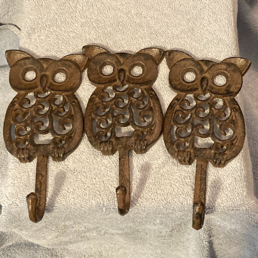 Vintage Style Cast Iron Wall Hooks-Set of 3 with Owl Design-7" Long-Brand New